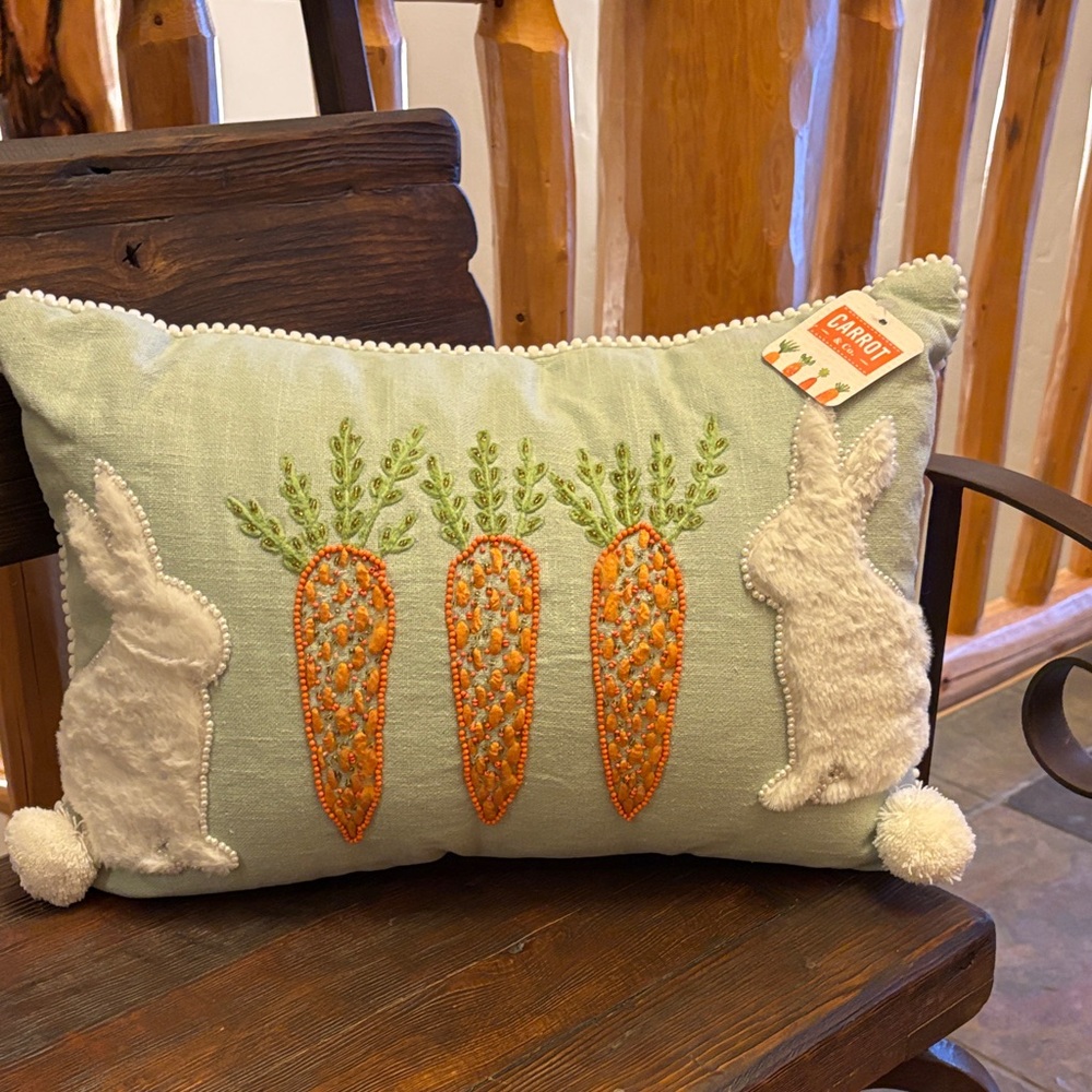 Easter Bunny Holiday Pillow with Carrots and Bunnies New!
